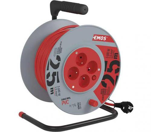 Prodluovac kabel na bubnu 25 m / 4 zsuvky / erven / PVC / 230 V / 1,5 mm2, EMOS P19425